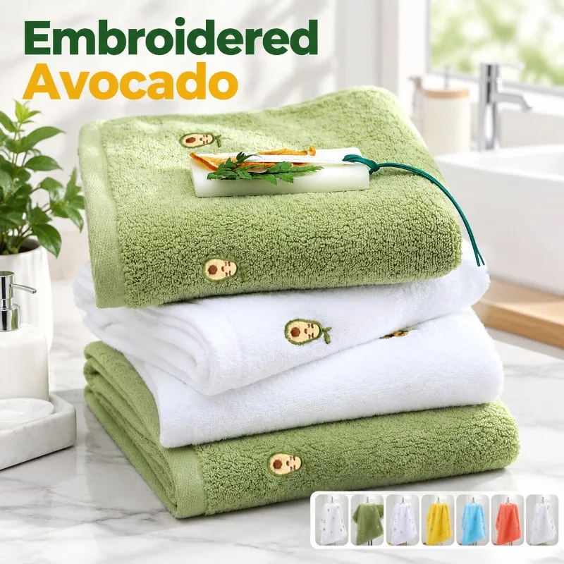 Full Embroidered Avocado Pure Cotton Towel Soft Absorbent Adult Face Cloth Skin-friendly Washcloth for Bathroom Daily Cleansing