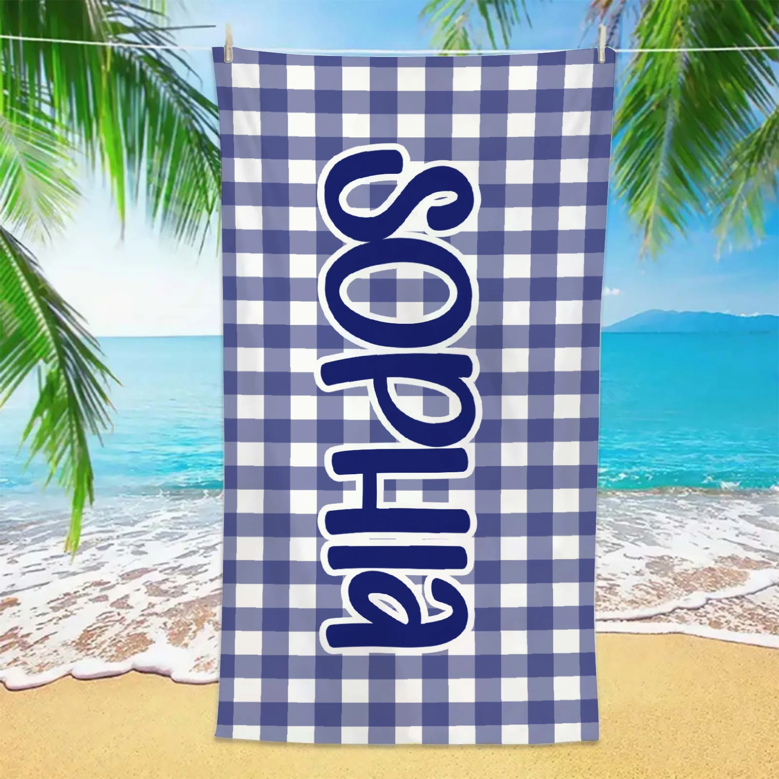 Custom Name Beach Towels Navy Blue Plaid Bath Towel Absorbent Quick-Drying Soft Swimming Towels Birthday Gifts For Adult