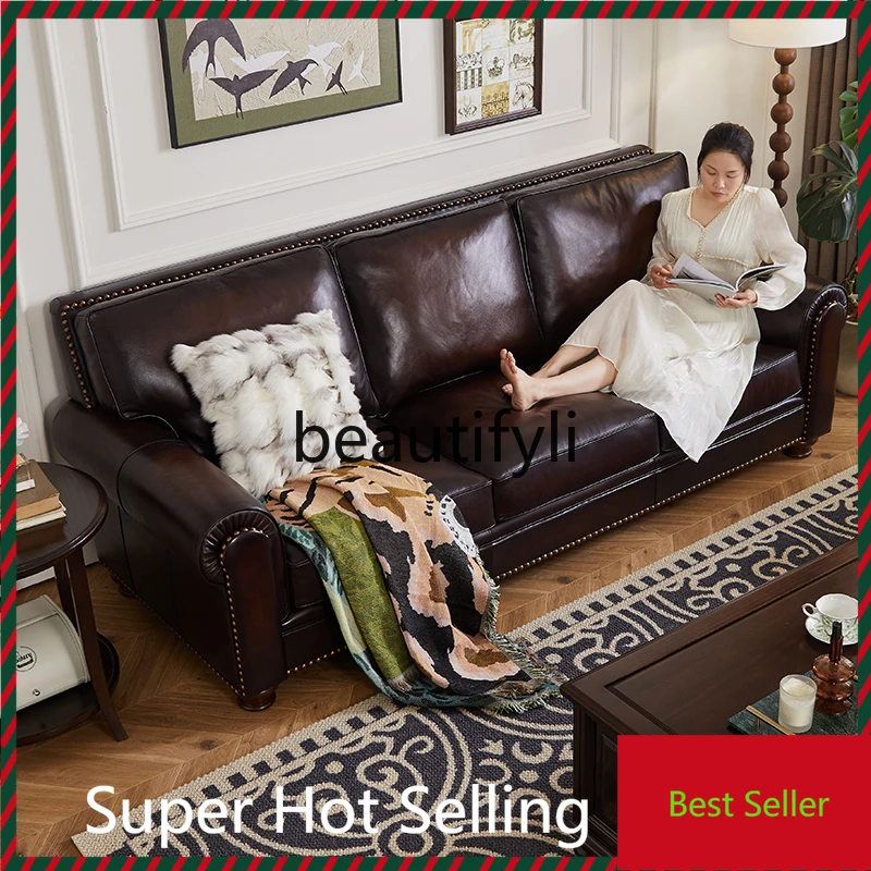 A71 Kanas American all-solid wood leather big Barton sofa first layer cowhide straight row three-person villa retro furniture