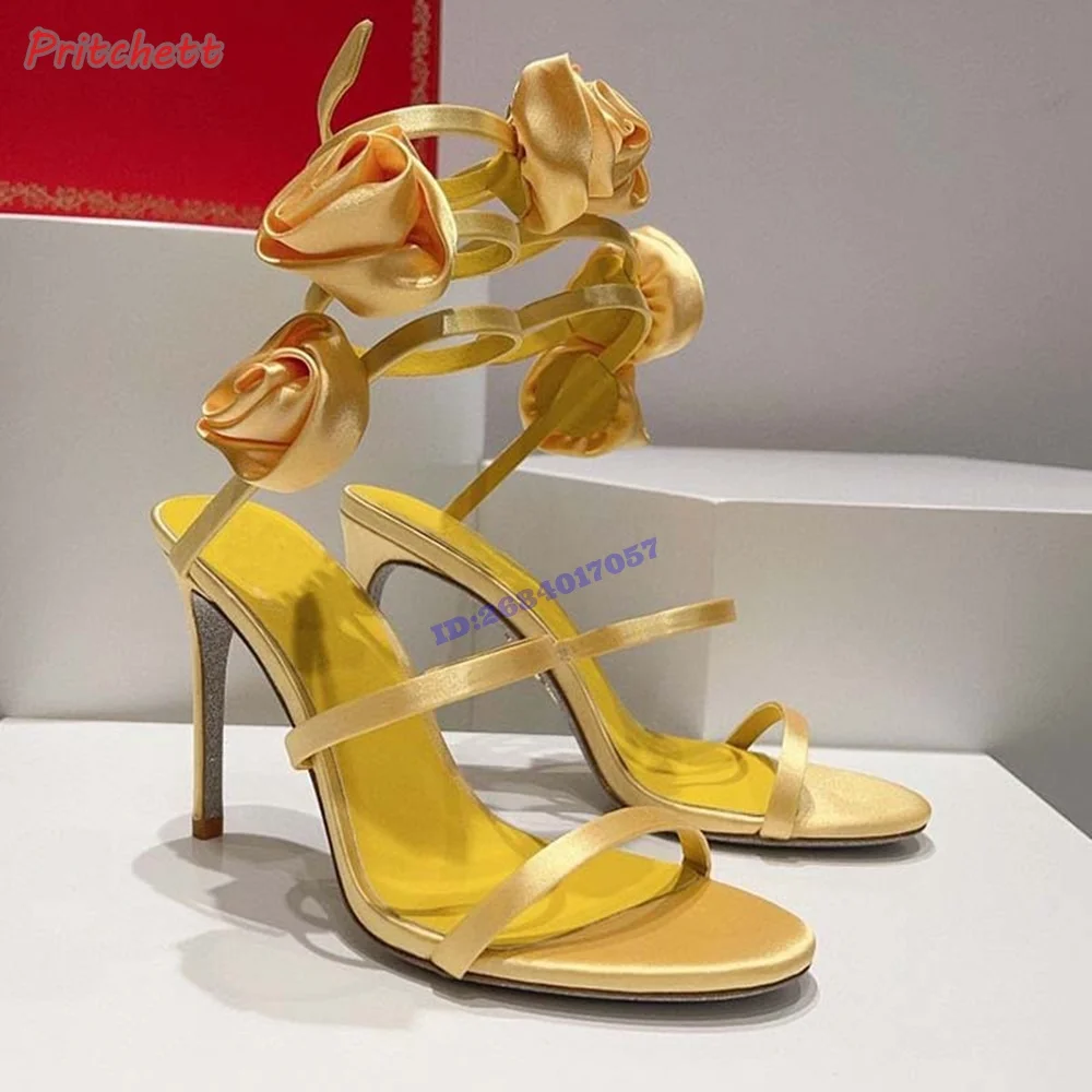 White Roses Satin Ankle Strap Sandals Round Open Toe Thin High Heels Women Stilettos 2024 New Summer Shoes Luxury Dress Party