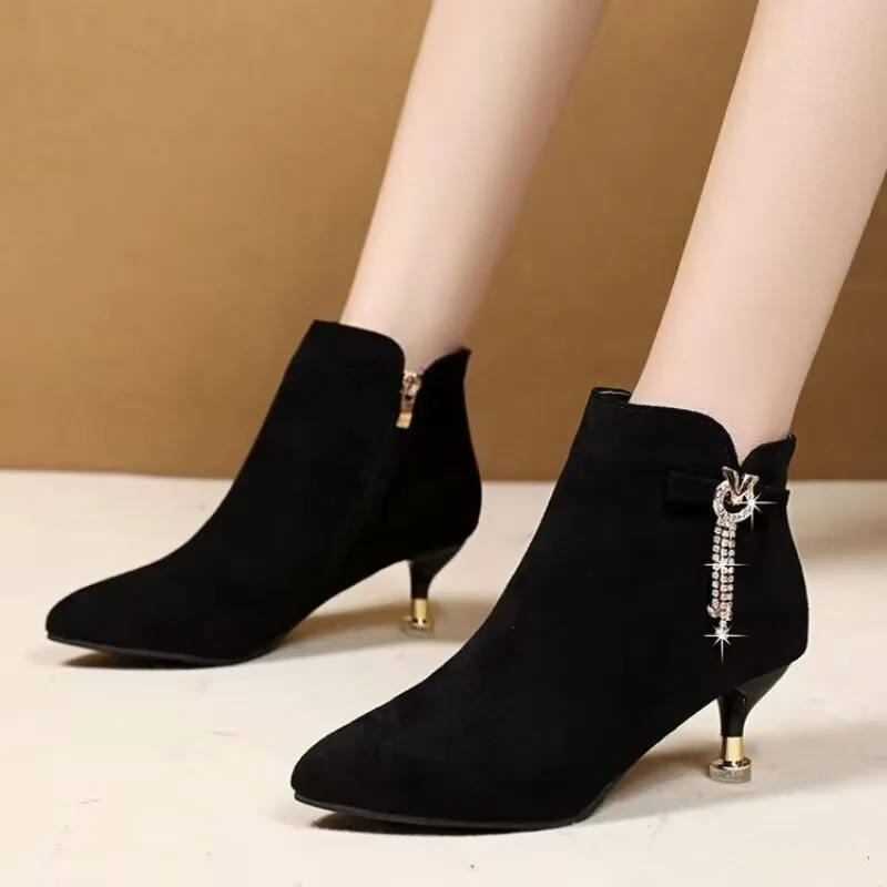 Booties Suede Pointed Toe Short Shoes for Women Heeled Footwear Rhinestone Female Ankle Boots High Heels Autumn 2026 Trend