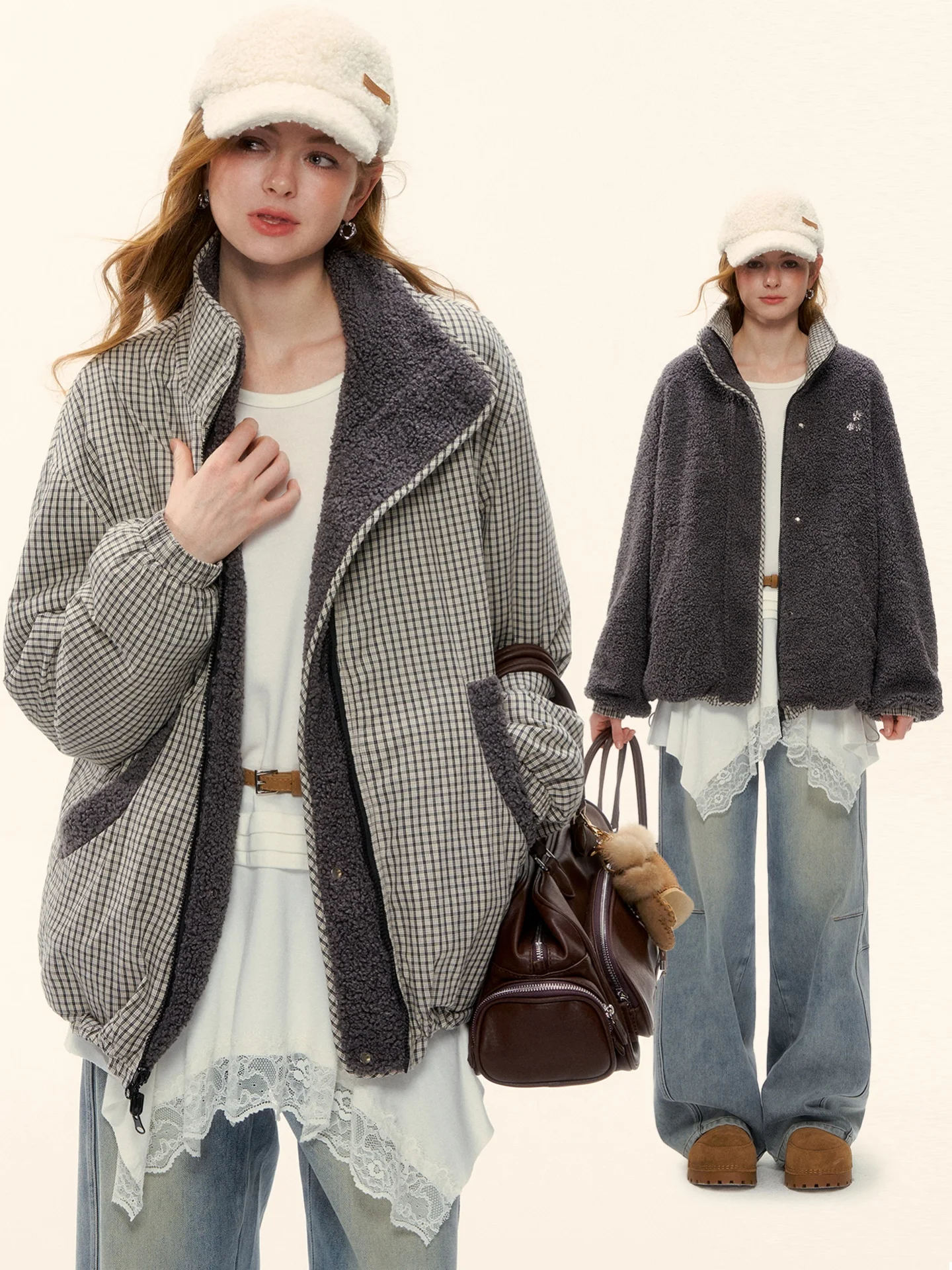 

AsGony Double-Sided Wear Lamb Fur Plaid Jaet Loose Stand Collar Thiened Warm Windproof Casual Sle Women's ort Coat