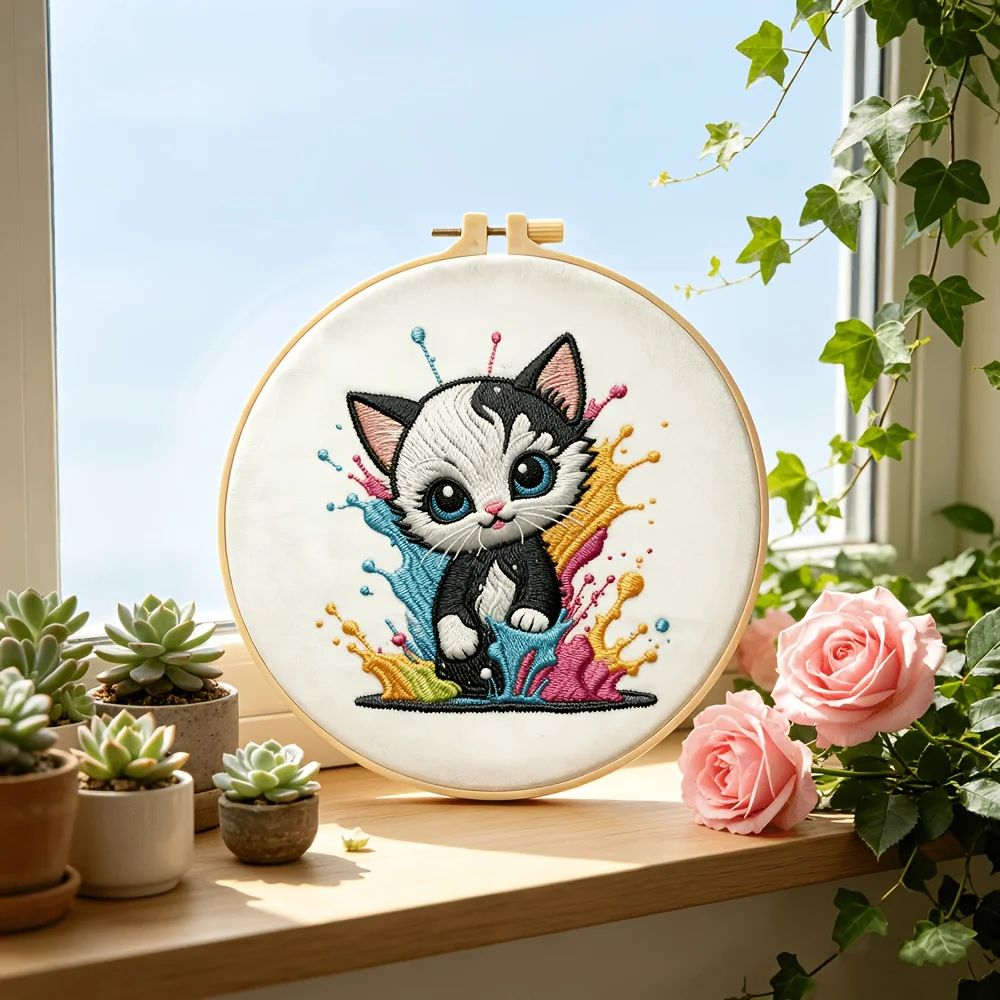 Embroidery Stitch Practice Kit Pre‑Printed Fabric Bamboo Hoop Thread Needles Learning Hand‑Stitching Craft Set