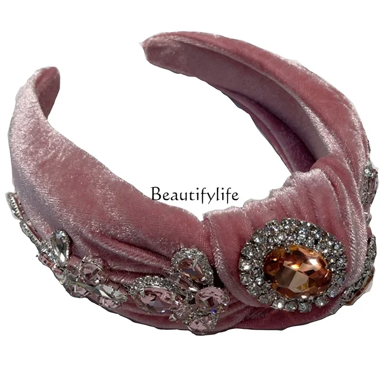 Bohemian Velvet Headband with Diamonds, Wide-brimmed Retro Headdress, High-End Headband