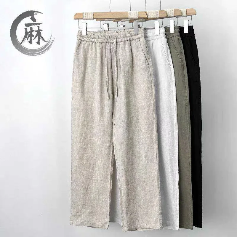 

European Style Cotton Linen Workwear Men's Loose Straight Leg Trousers Belted Waist Young Vitality Style Casual Pants