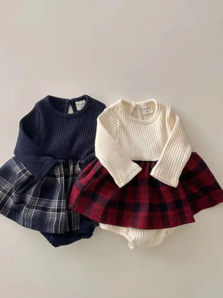 

2024 Spring New Baby Girl Long Sleeve Dress Newborn Cotton Bodysuit Toddler Plaid Splicing Casual Dress Infant Jumpsuit 0-24M