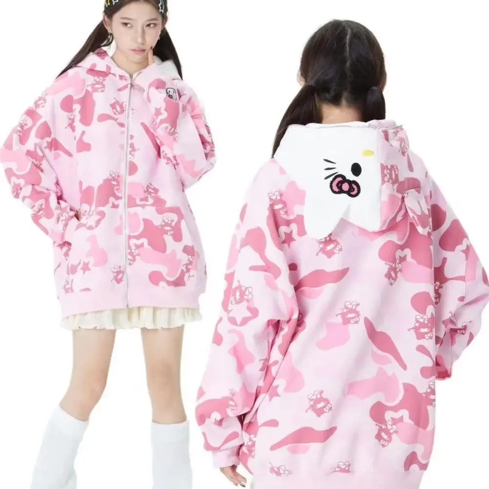 

Cute Cardigan Jacket Anime Y2K Hello Kitty Hoodie Hooded Coat Sanrio Couple Outfit Cotton Camouflage Tops Men Women Student Tops