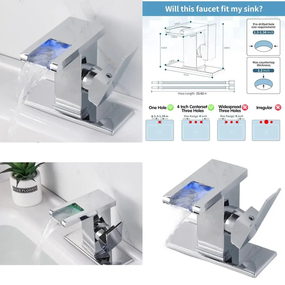 

Illuminated Single Hole Bathroom Sink Faucet with LED Waterfall Feature