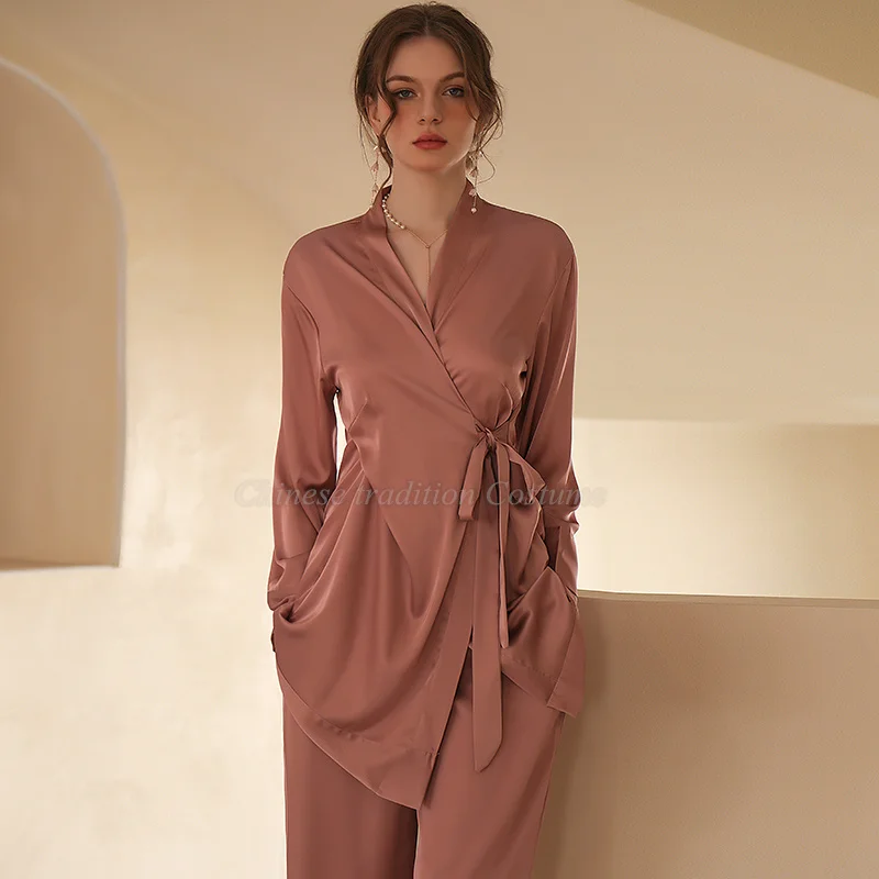 2023 New Bridal Pajamas Suit Kimono&pant 2Pcs Outfit Sexy V-Neck Home Clothes Women Silk Satin Sleepwear Long Pyjamas Pour Femme