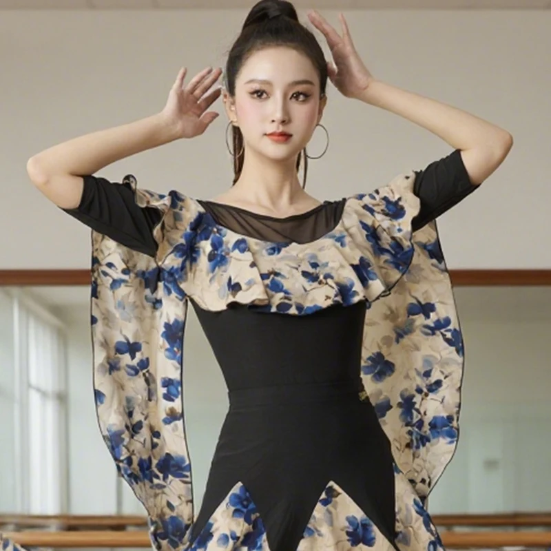 ملابس علوية لقاعة الرقص بأكمام عائمة للنساء شبكة سوداء ملابس الرقص الحديثة للبالغين ملابس ممارسة الرقص اللاتينية التانغو DW10843