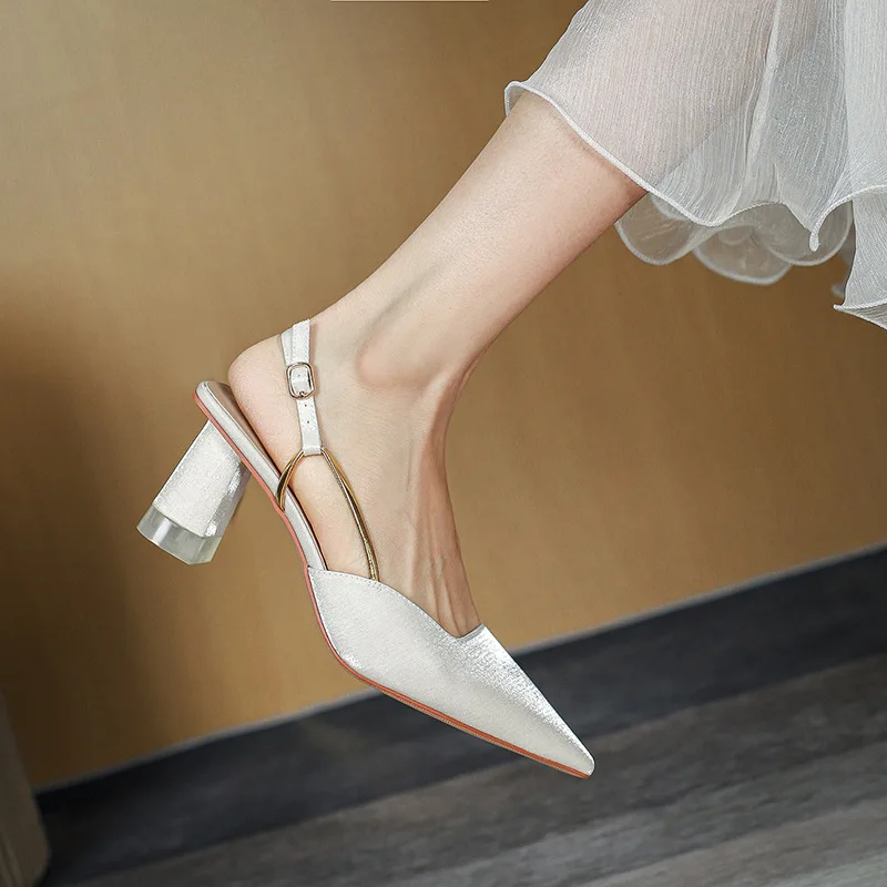 Fashion and Simple Baotou Shoes Women's Shoes 2022 Spring Satin All-match High Heels Temperament Round Toe Ladies Sandals