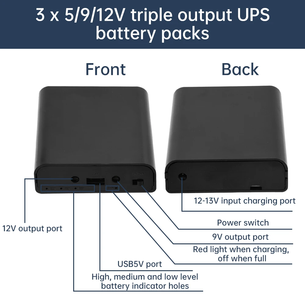 5V/9V/12V UPS Lithium Battery No-Solder Kit (3x18650 Ready-to-Use) Router Optical Modem Uninterruptible Power Supply Box