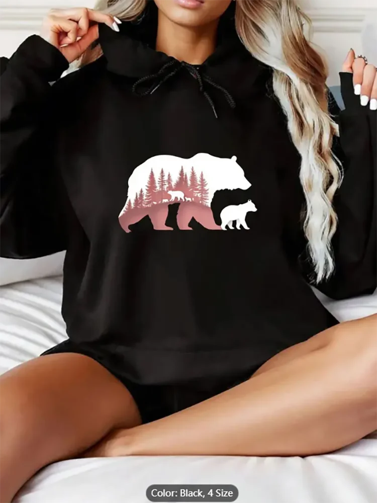 

Womens Bear Forest Print Hoodie Cozy Loose Fit Long Sleeve Pullover Sweatshirt Machine Washable Casual Winter Wear Pure Cotton