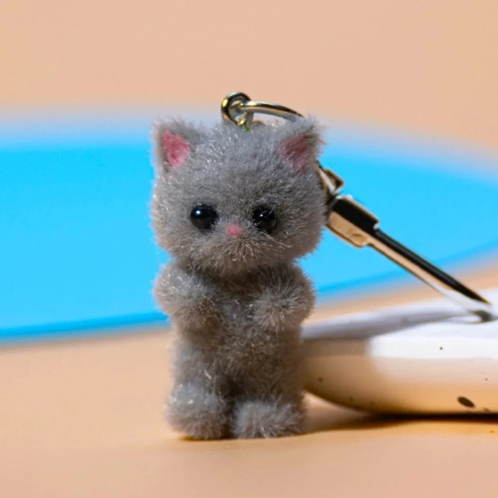 Cute 3D Flocking Kitten Keychain Simulation Animal Hobby Cartoon Doll Girl Keyring Car Bag Purse Phones Pendant Key Ring Gift* view 5