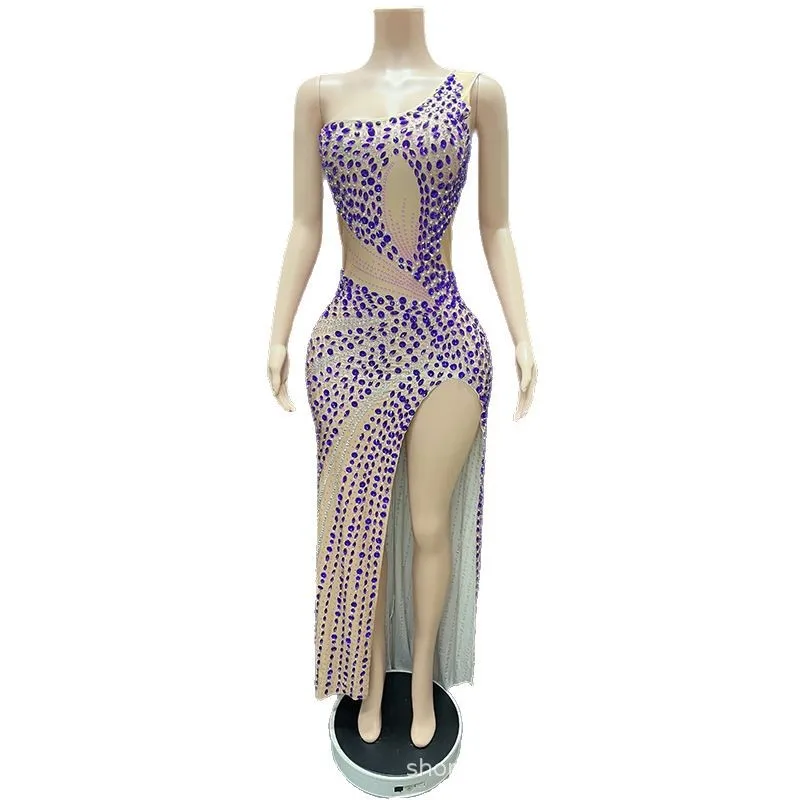 

Премиум сиреневое фиолетовое темпераментное платье на плечах, одежда для выступлений, модель подиума, модная одежда, Vestido Luxo Festa