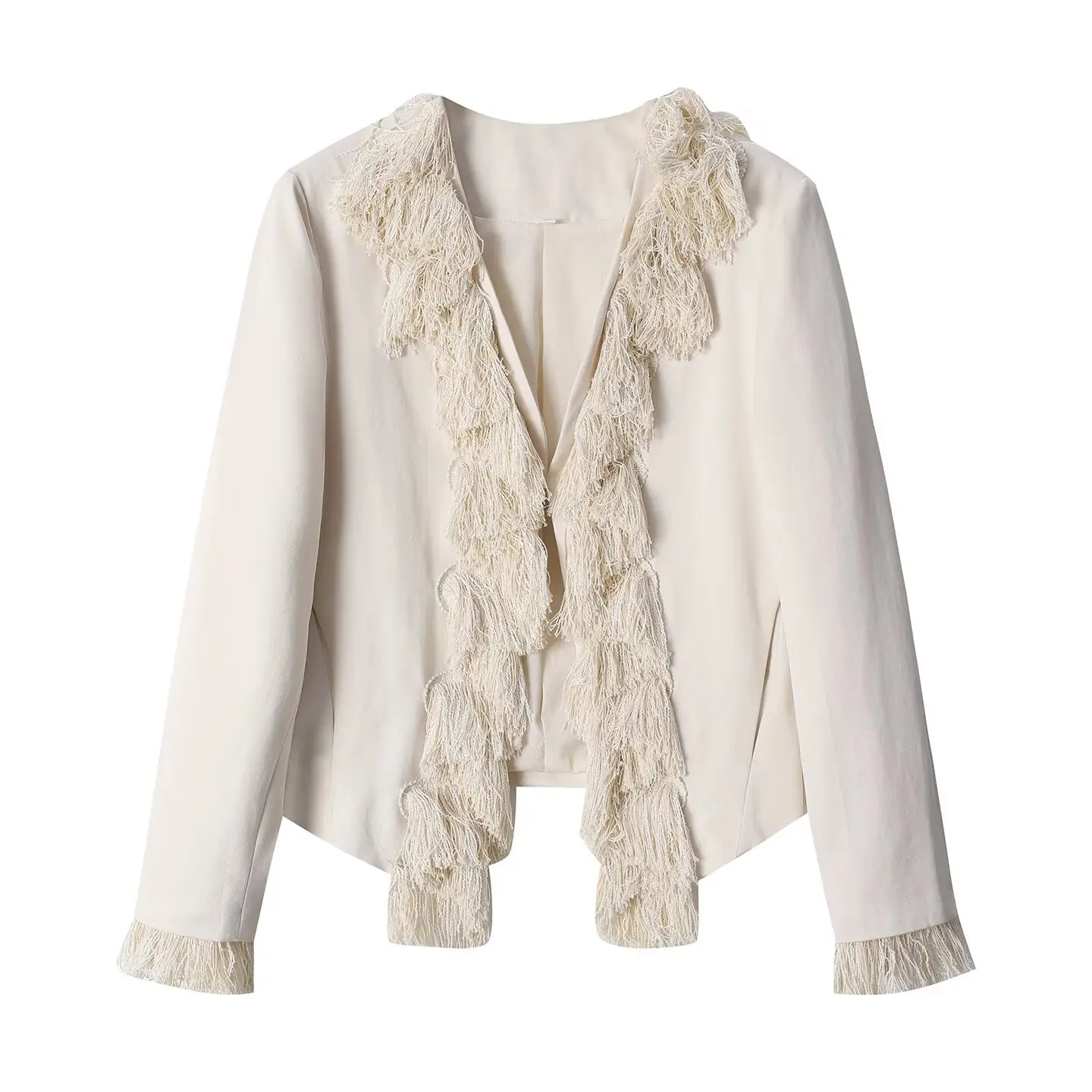 Women's autumn V-neck long-sleeve jacket featuring a metal hook-and-eye closure and tassel trim detailing.