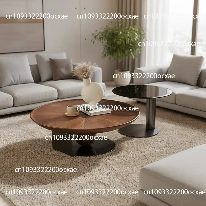 Modern round coffee table, tempered glass table top, walnut veneer base, environmentally friendly and durable, suitable for