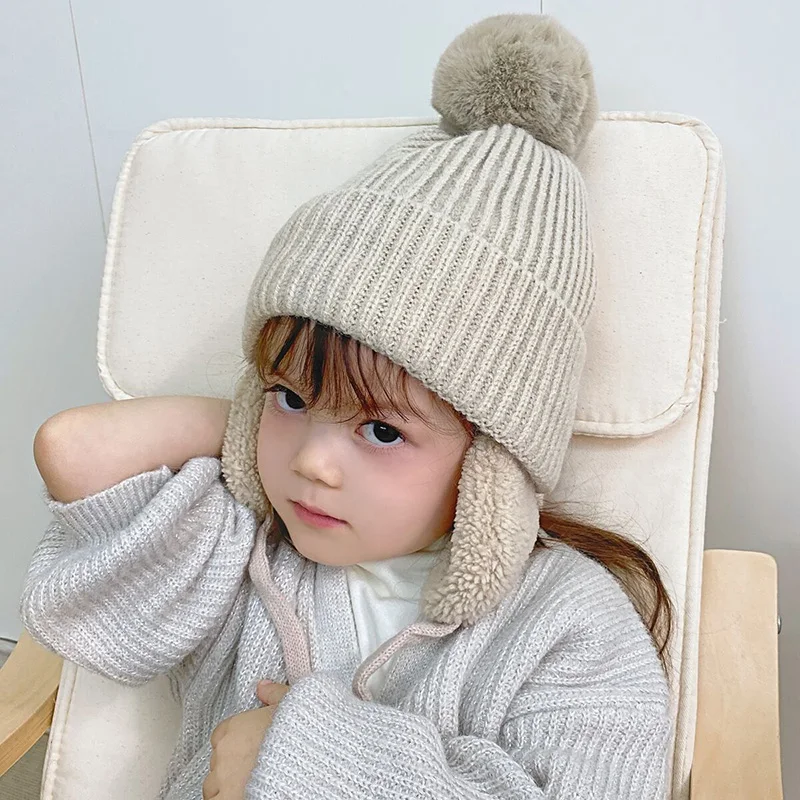 Winter Kids Hat With Plush Ear Flap Knitting Thick Beanie Cap Rib Cuff Pom Lined Warm Hat Gift For Christmas New Year's