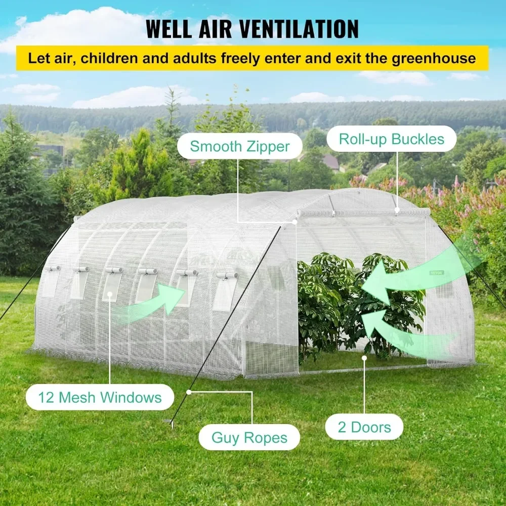 20 x 10 x 7 ft walk-in greenhouse with galvanized steel hoops, 3 top beams, diagonal bars, 2 zipper doors and 12 roller shutters