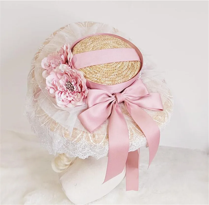 Spring Summer Girl Lolita Straw Hat  Elegant Tea Party Flat Cap Lace Bonnet Bnt Hat D1068