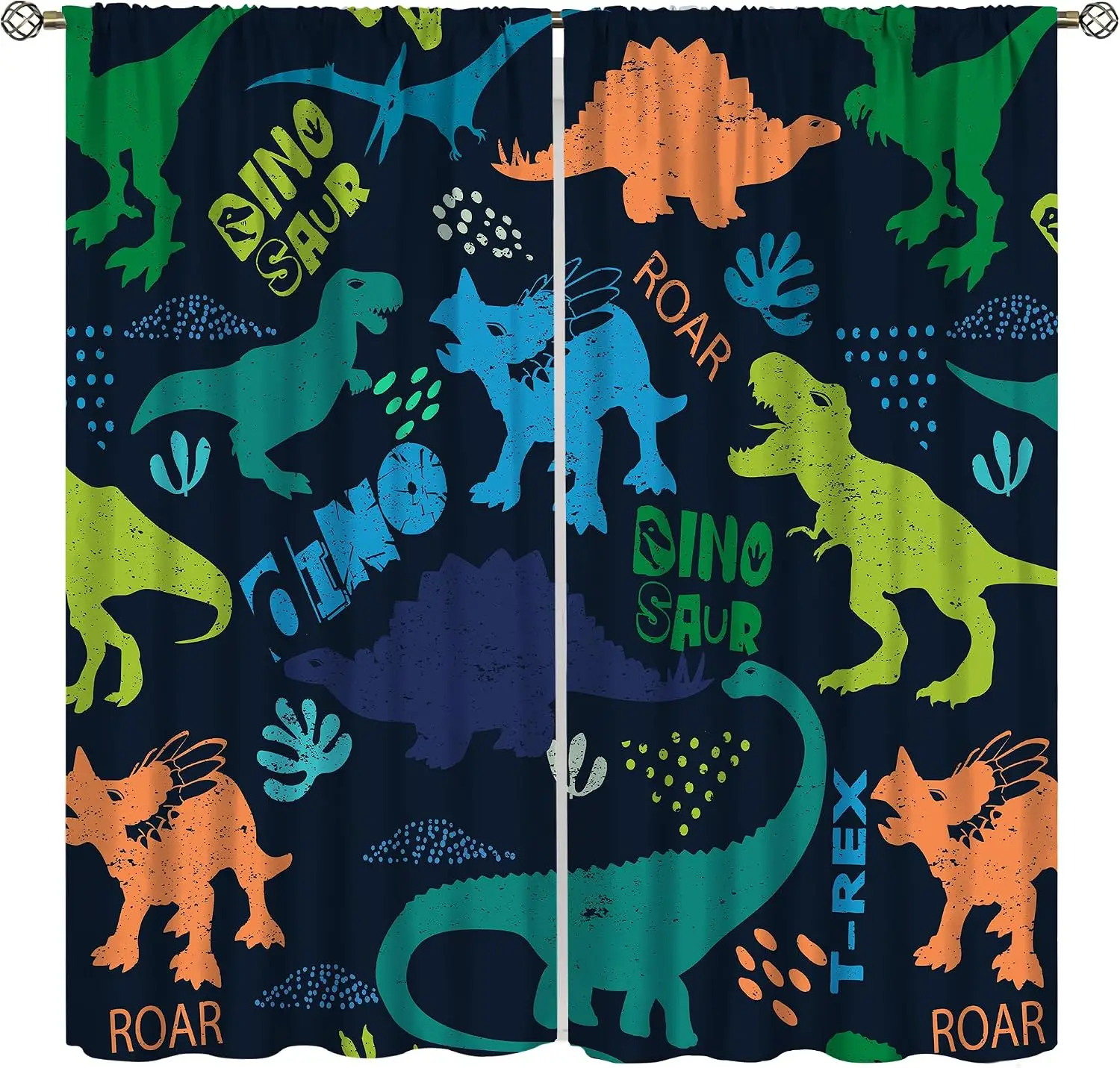 Dark Blue Dinosaur Silhouette Curtain Panels, Color T-Rex Footmark Full Cool Boy Game Print Drapes Kindergarten Apartment Decor