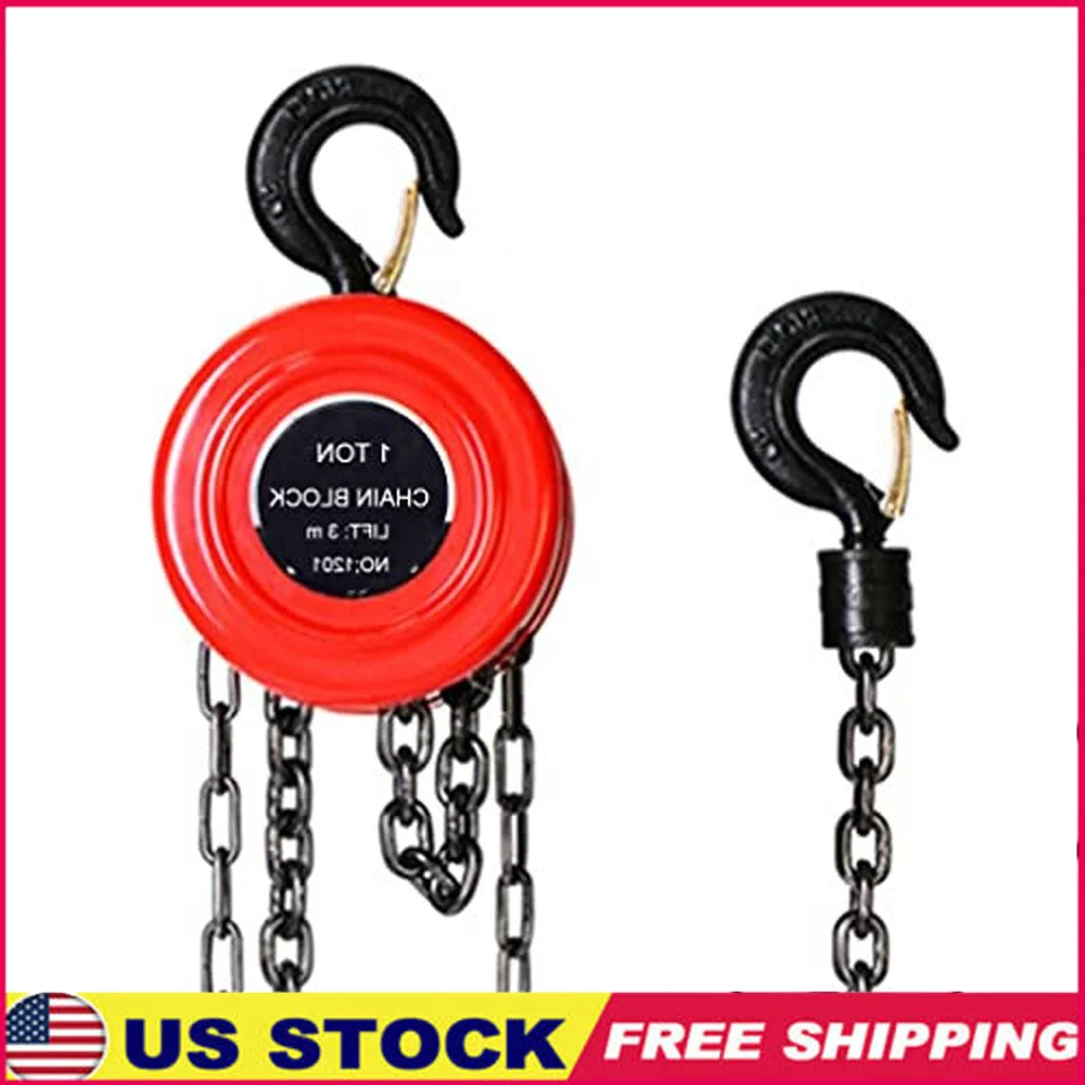 1 Ton/2000 lbs Capacity Manual Chain Hoist 10’ Lift Steel Block Hoist 1T-Red Safety Brake Stable Rotation Heavy Duty Hooks