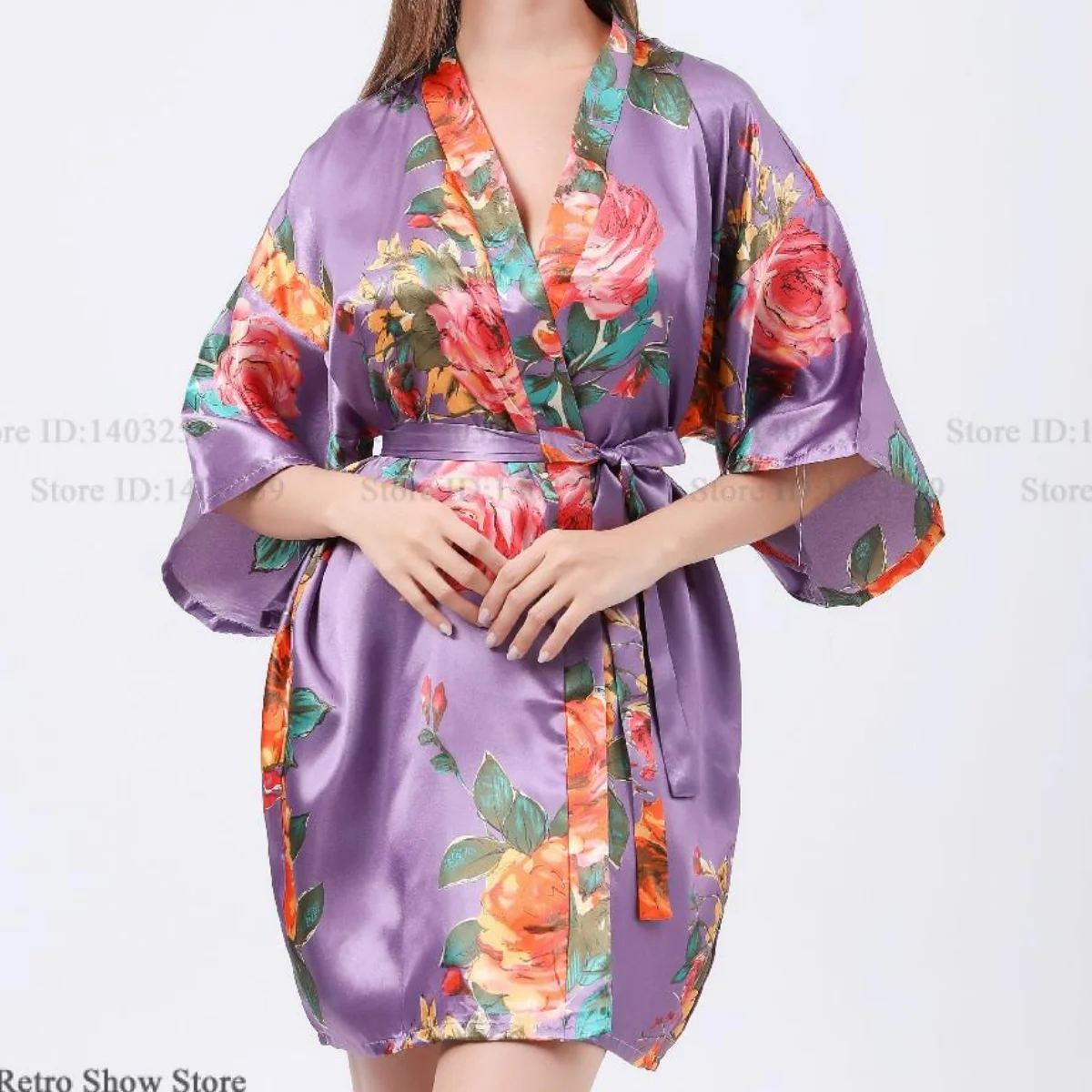 

Spring Summer New Women Robe Home Dressing Gown Print Flower Half Sleeve Kimono Gown Bathrobe Loose Ice Silk Nightgown Sleepwear