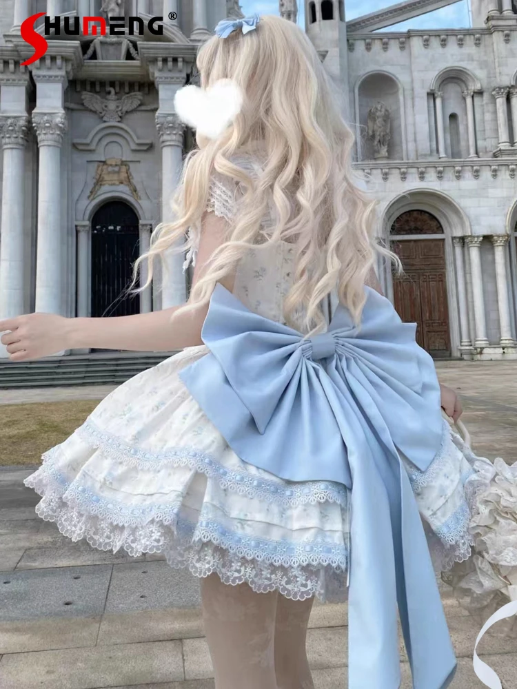 

Japanese Style Elegant Sweet Princess Birthday Party JSK Dress Set Big 3D Bow Trailing Kawaii Puffy Lolita Short Dress for Women