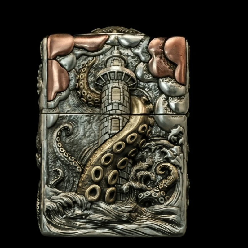 Sea God Poseidon Hand Carved Fuel Lighter, Embossed Brass Inlaid Lighter, Collection Hobby, Men's Gift