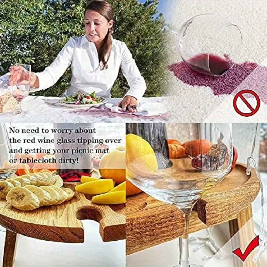 2024 Outdoor Wooden Folding Picnic Table With Holder Round Desk Wine Glass Rack Collapsible Table