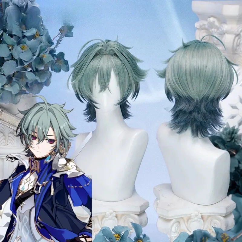 

Game Genshin Impact Lohen Cosplay Wig Short 33cm Green Hair Wig Cap Set for Men Women Knights of Favonius Anime Party Roleplay