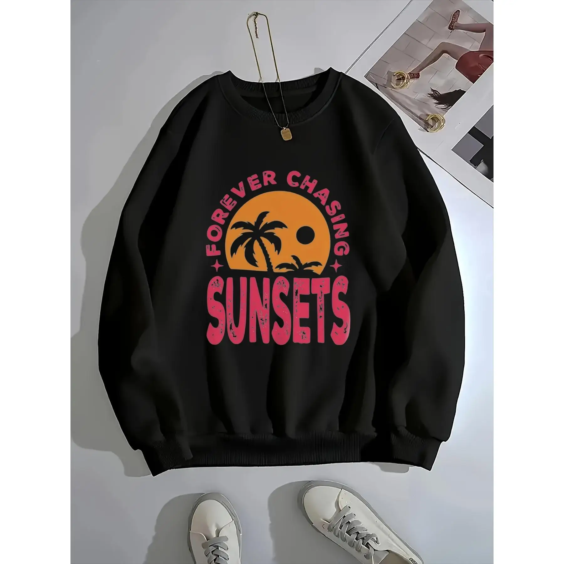 

"Forever Chasing Sunsets" Sweatshirt Unisex Retro Beach Graphic Pullover Vacation Travel Ocean Lover Cotton Top Holiday Gift