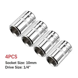 4Pcs Socket Chrome Vanadium Steel 1/4 Inch Drive 6-Point 10mm Socket 6 Point Socket For DIY Automotive Household Repairing Parts