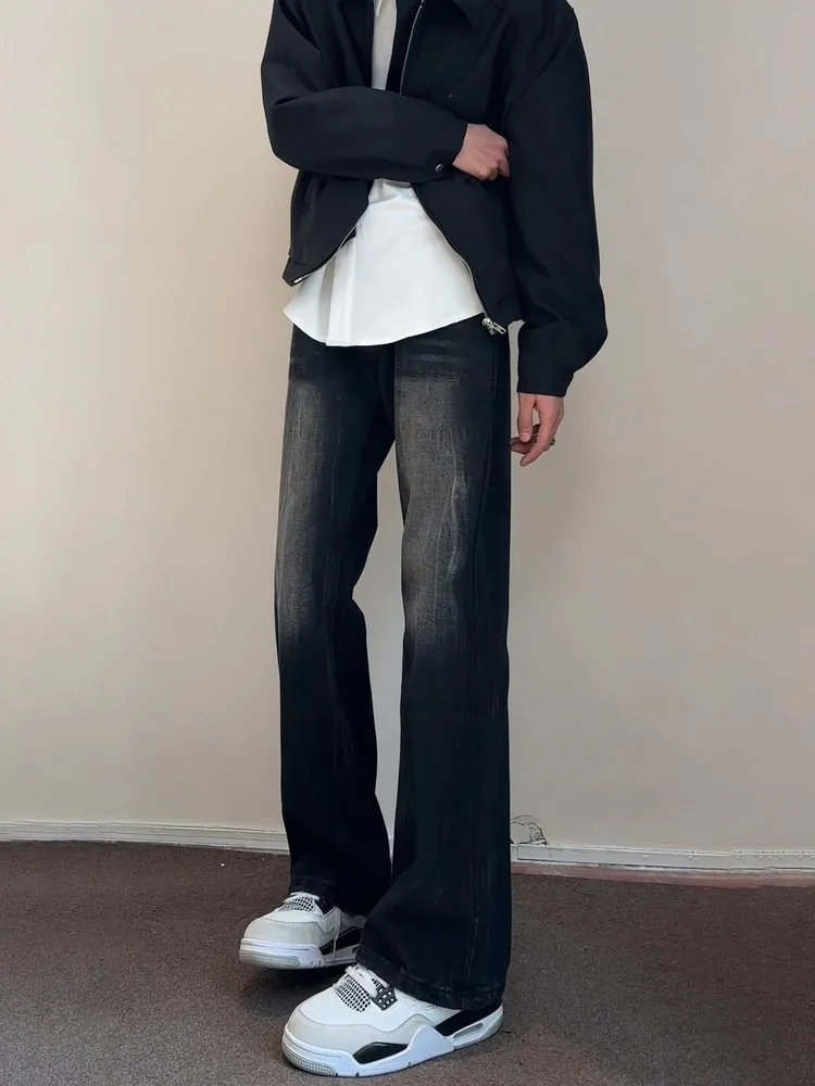 

Black Men's Jeans Flared Pants Retro American High Street Straight Leg Washed Casual Trousers Youth Wear Spring Autumn