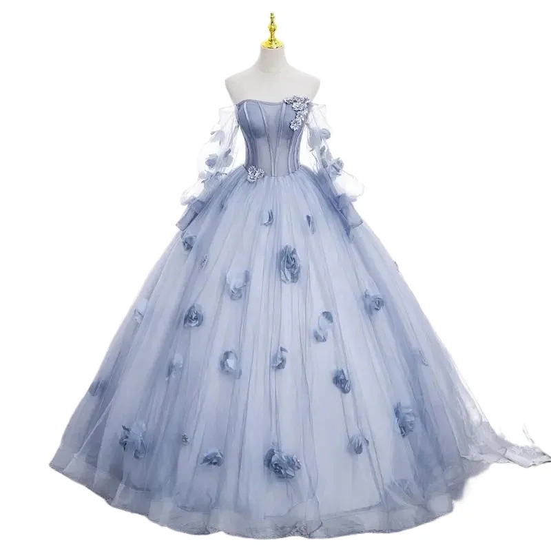 Vestido de novia ligero con estilo y atado en azul claro a la moda, nuevo vestido elegante de satén dulce, vestido Sexy de fiesta con manga de tres partes 2026