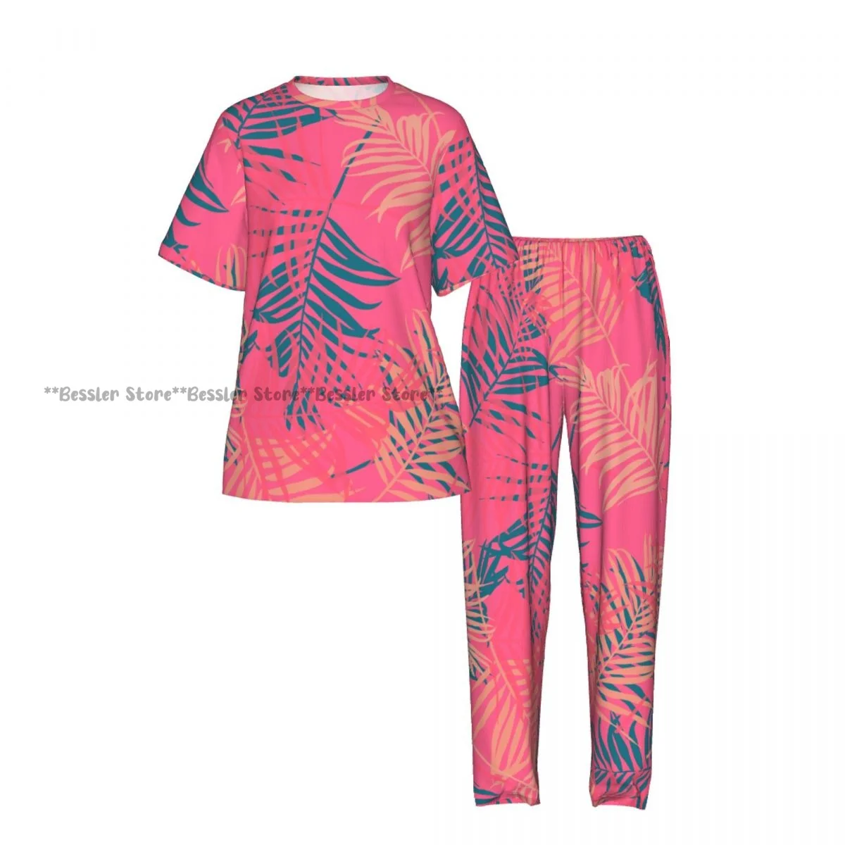 Women Pajama Sets Lounge Sleepwear Tropical Palm Leaves Pattern Short Sleeve Nightwear