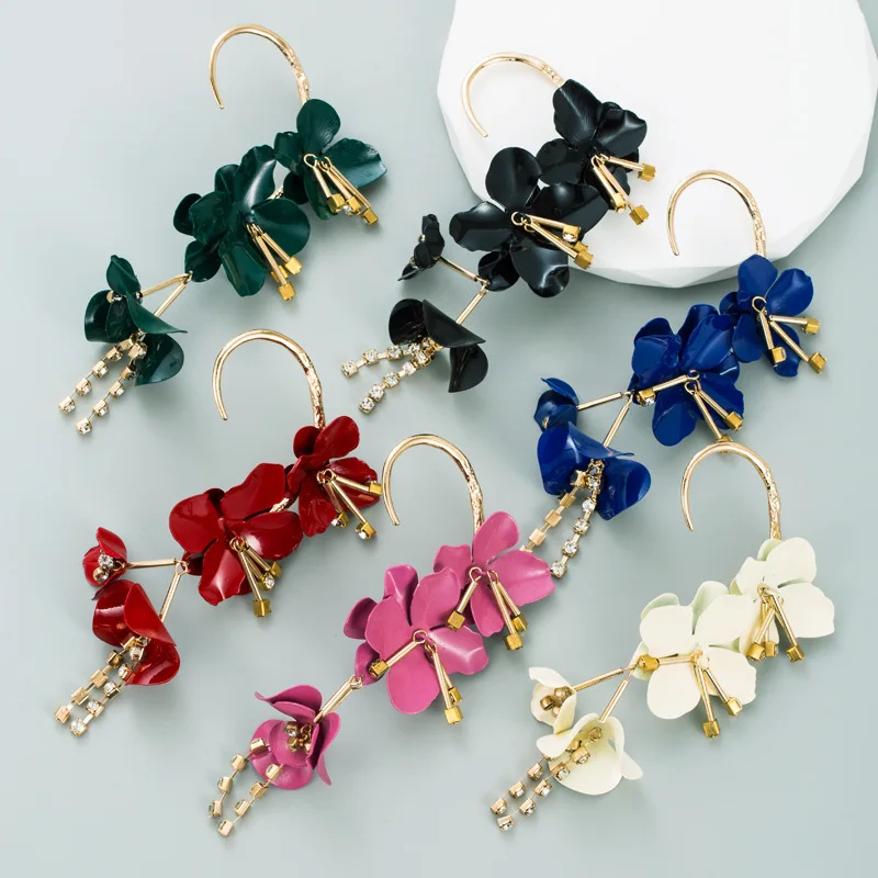 New multi-layer alloy paint flower diamond fringed ear hanging earrings women's Korean retro earrings single pack