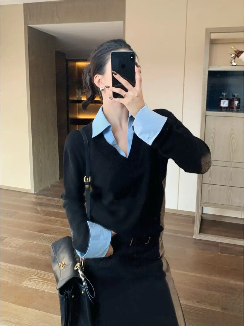 

Autumn Winter Long Sve V Ne Plaid Faion Slimming Base Layer Knitted Top Fake Two-Piece Sle Casual Comfortable Polyes...