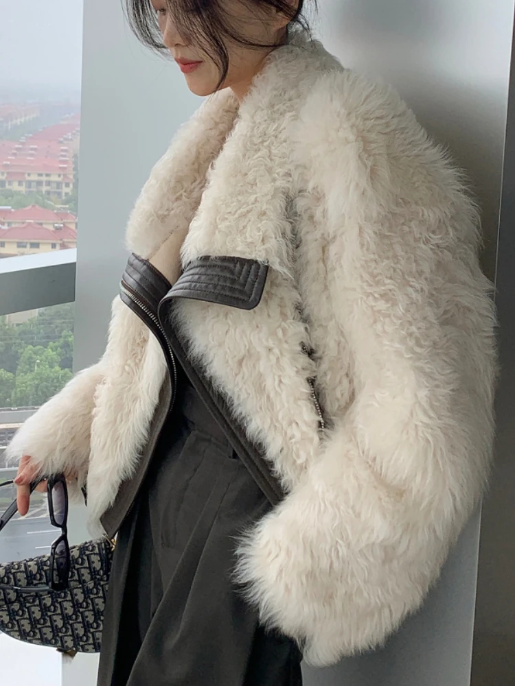 2023 Fashion Tuscany Real Natural Lamb Fur Women Coat Winter Jacket Double-faced Fur Genuine Leather Warm Streetwear New