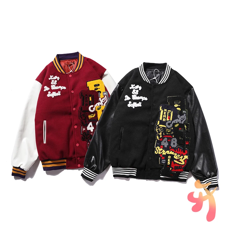 

Hiphop Street Cactus Jack Jackets Woolen Leather Sleeve Patchwork Embroidered Baseball Suit Men Women Standing Collar Coats