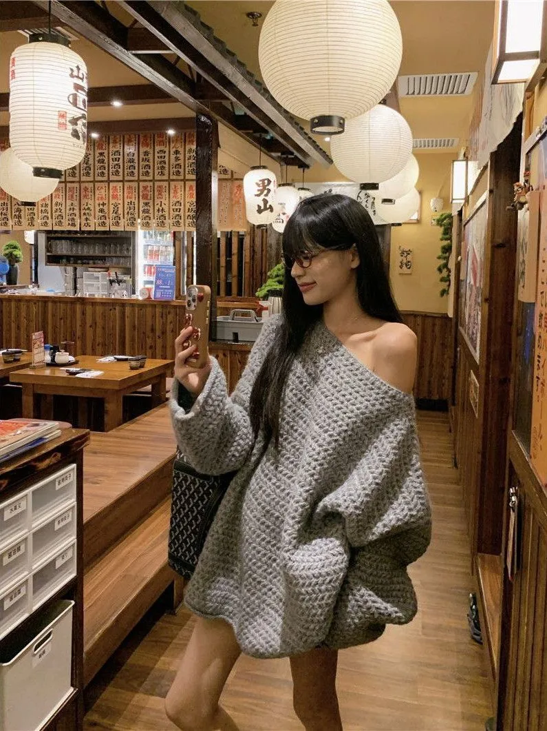 Extra großer Vintage Slant Oulder Long Sve Pullover Jaet Damen Herbst Plus Größe 2300Pou Schlankheitsstrick irt