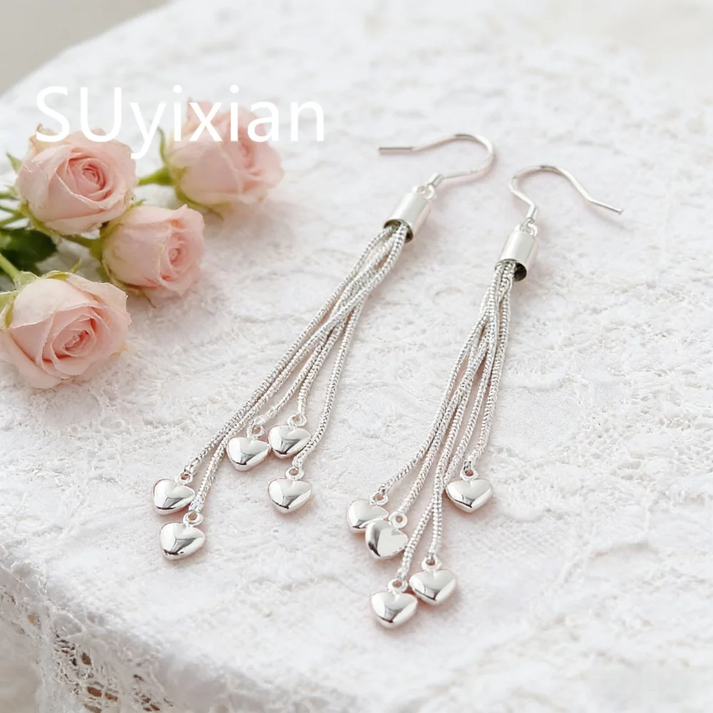 

925 Sterling Silver Stylish Sweet Five-Line Tassel Love Earrings Birthday Party Anniversary Gift