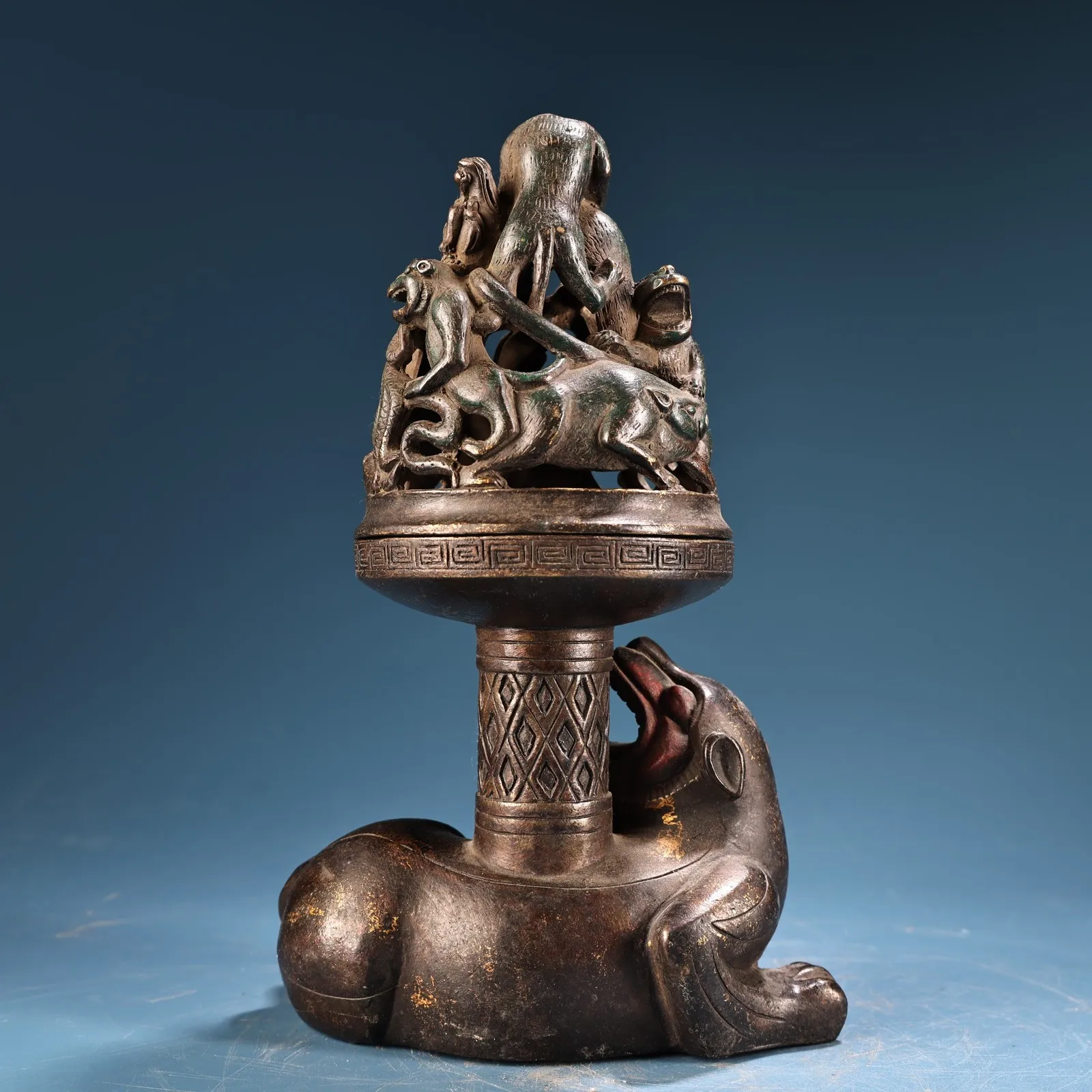 Bronze Gilded Cinnabar Unicorn Statue Boshan Incense Burner Base Divine Beast