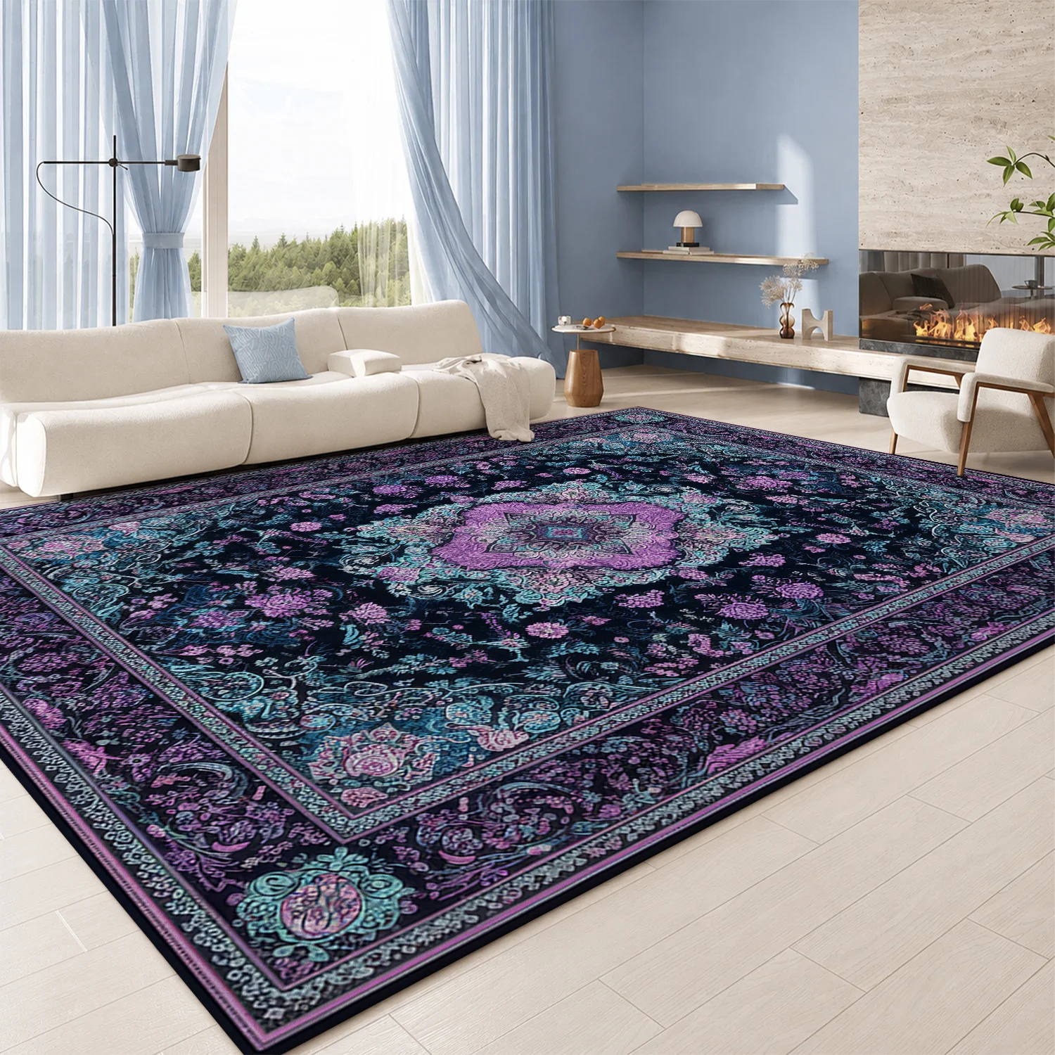 Large Indoor Area Rug, Soft Velvet Low Pile with Non-Slip Dotted Backing, Machine Washable Persian Floral Medallion Rug, Dark Purple Teal Ornate Accent Rug for Living Room, Bedroom, Home Floor Decor