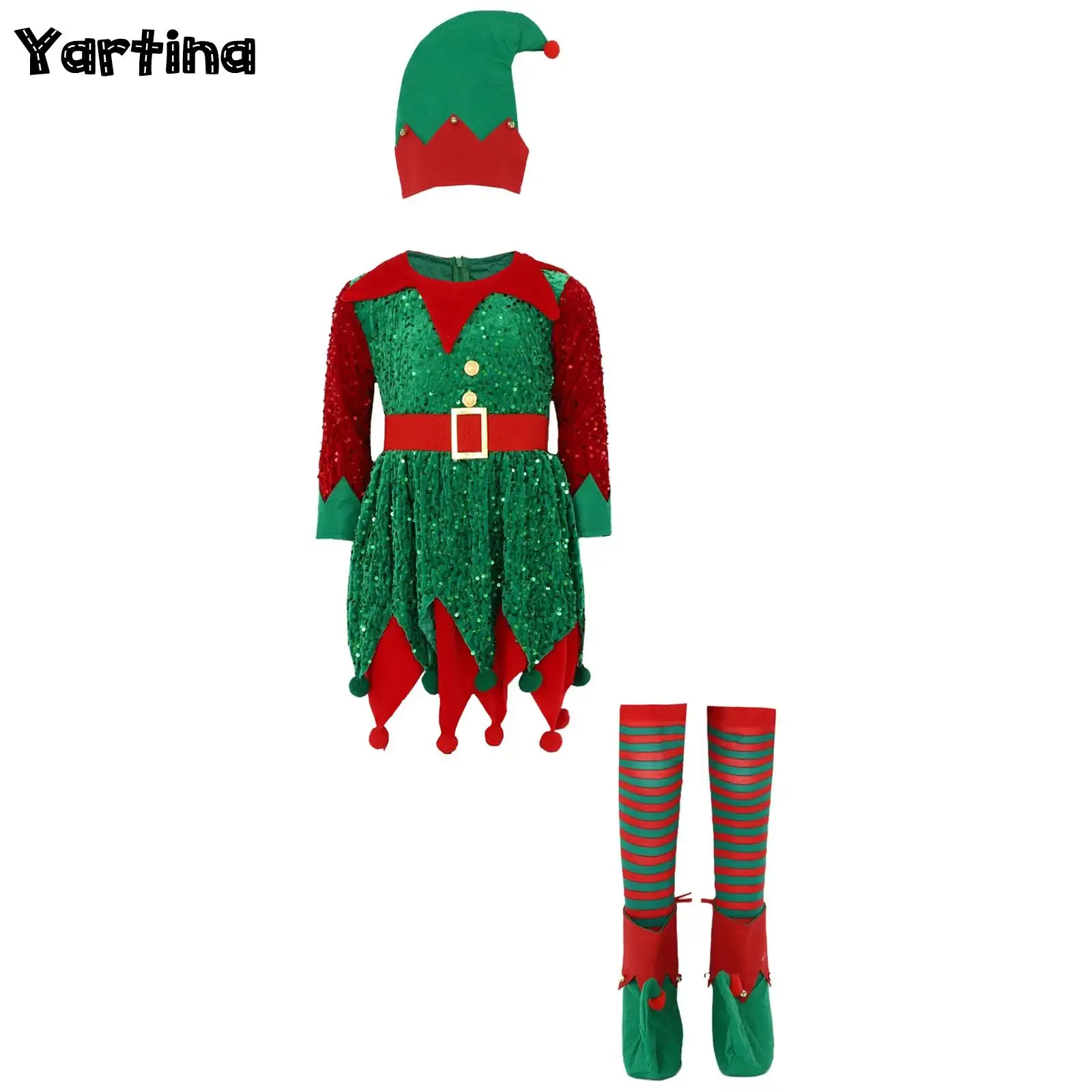 

Girls Christmas Xmas Elf Cosplay Costume Set Santa Claus Helper Dress with Belt Girls Over Knee Thigh Socks Hat Elf Shoes Set