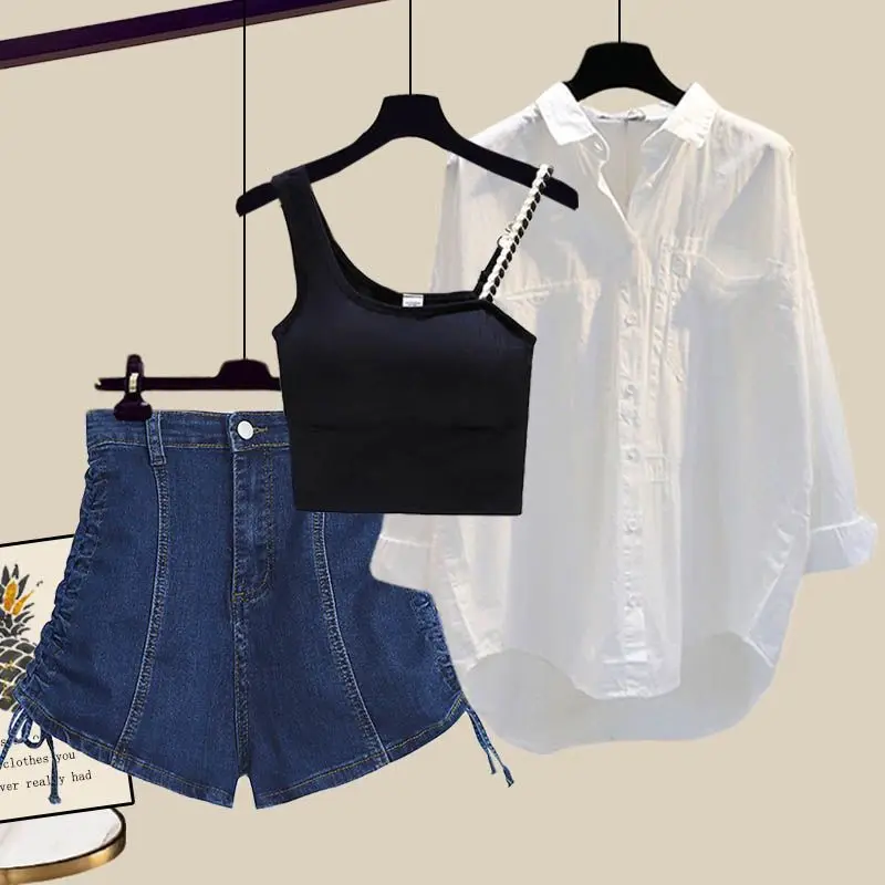 Summer Set Women's New Korean Fashion Western Sunscreen Shirt Tank Top Slimming and Age Reducing Denim Shorts Three Piece Set