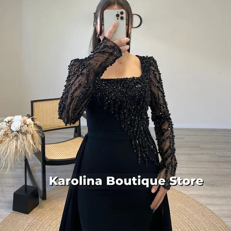 Exquisites schwarzes Abendkleid mit Umhang, maßgeschneidert, lange Ärmel, quadratischer Ausschnitt, Perlenstickerei, Hochzeitskleid, Ballkleider