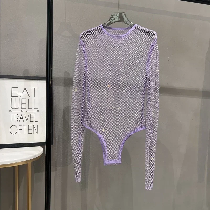 Sexy Mesh Hollowed Out Jumpsuit T-shirt Rhinestone Round Neck Tight See-through One-piece Bottoming Shirt Ms