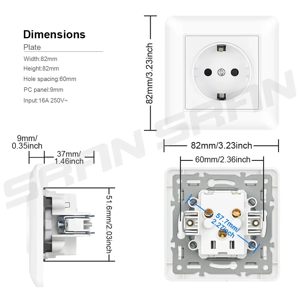 SRAN Eu sockets Single and Double 220V 16A Black PC panel Light Switches Wall Usb plugs eu Standard for home