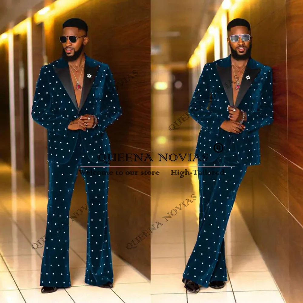 

Fashion Men Suits 2 Piece Sets Jacket Pants Peaked Lapel Velvet Wedding Tuxedos Single Breasted Man Suit For Groom Party Dresses